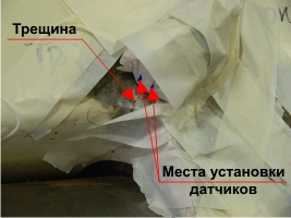 Место установки датчиков вблизи трещины